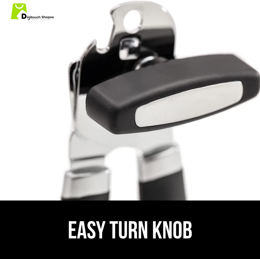 The Original  Heavy Duty Stainless Steel Smooth Edge Manual Can Opener and Bottle Openers, Soft Ergonomic Handle, Oversized Handheld Easy Turn Knob, Multifunctional Kitchen Tool, Black