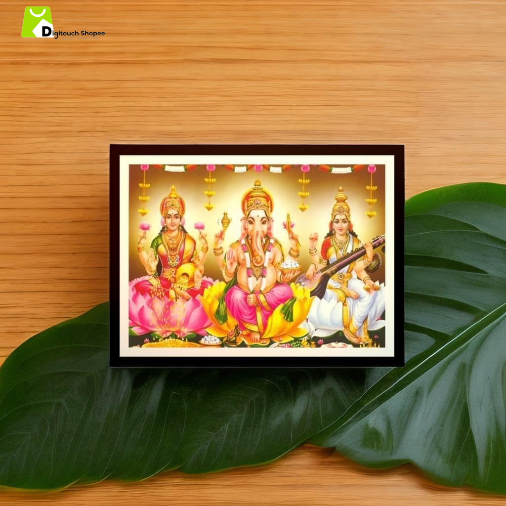 God Ganesh Lakshmi Saraswati Religious Photo Frame, 7 X 9 Inches, Wall Hang, Perfect for Keeping in Shelves