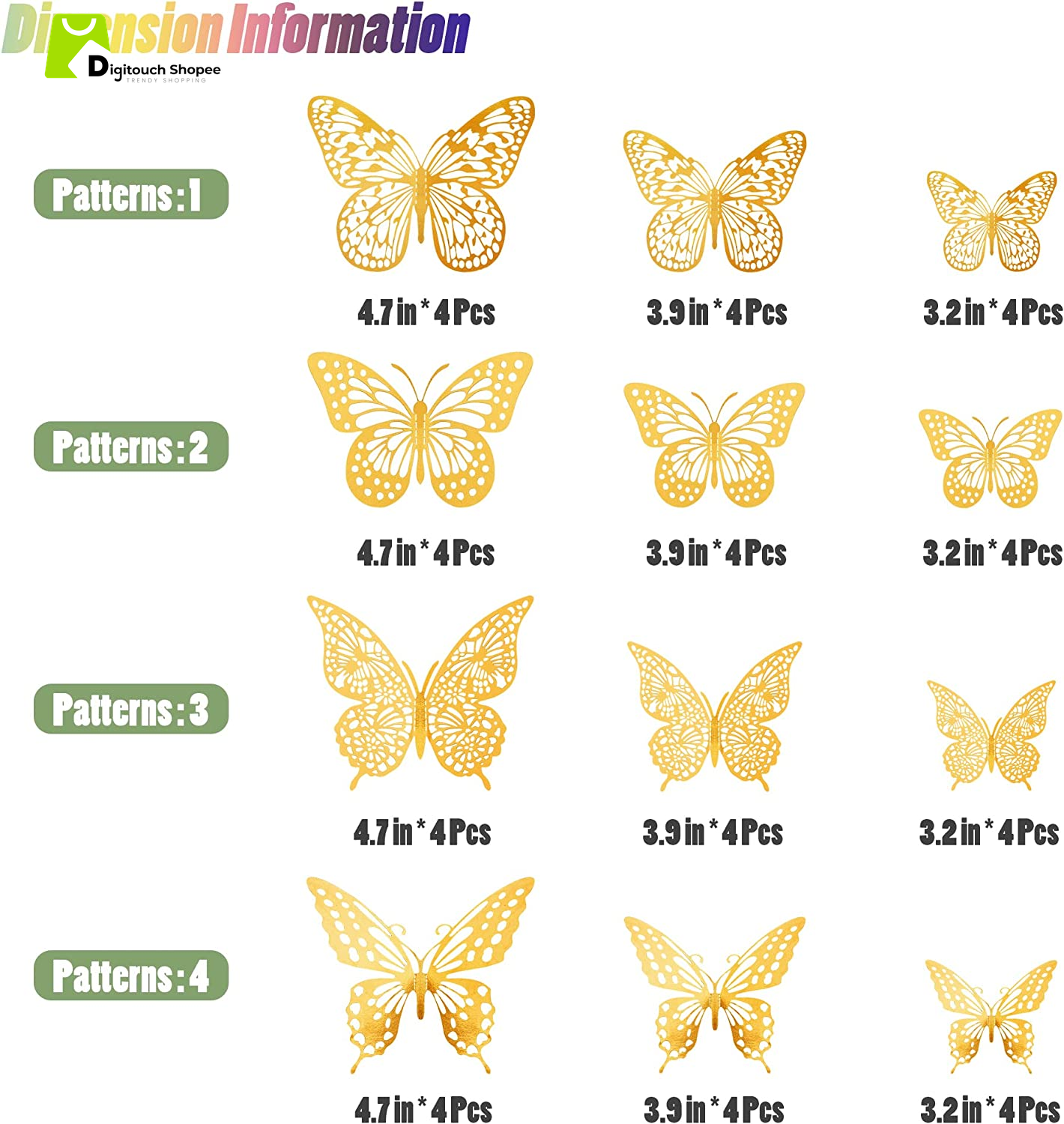 3D Butterfly Wall Decor - 48 Pcs, 4 Styles, 3 Sizes, Gold Butterfly Decorations for Birthday & Party Celebrations, Removable Stickers
