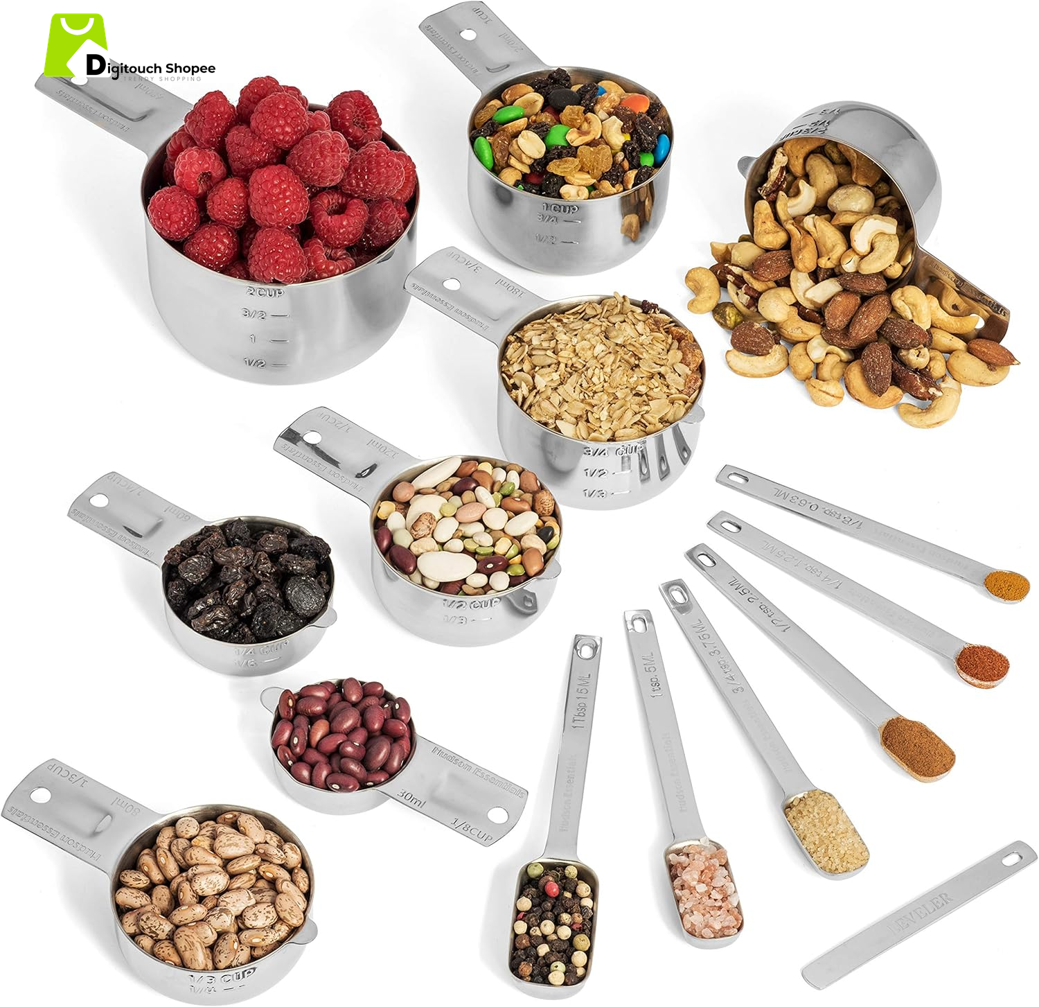 Stainless Steel Measuring Cups and Spoons Set (15 Piece Set)