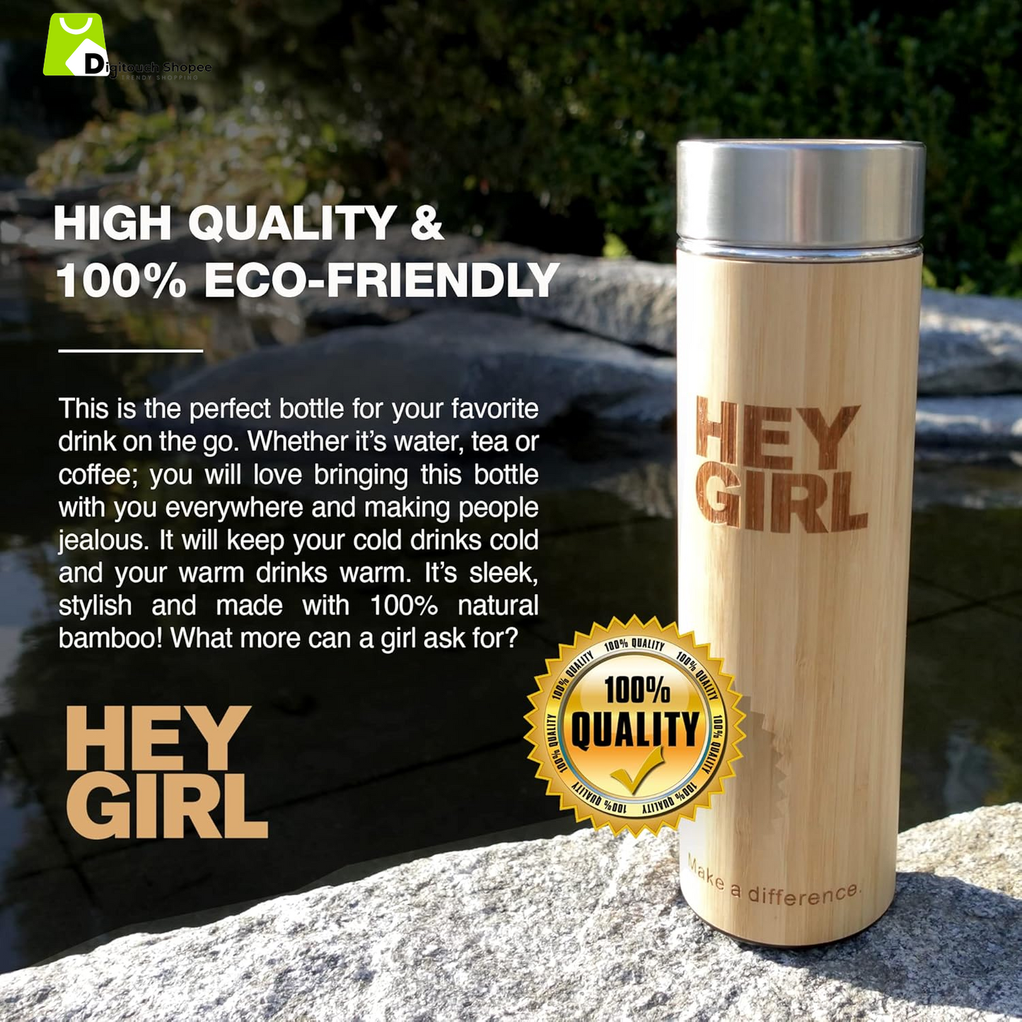 Hey Girl Bamboo Tea Infuser Bottle with Tea Strainer - Insulated Stainless Steel Water Bottle for Loose Leaf Tea & Coffee - Tea Tumbler with Diffuser - Loose Tea Bottle or Thermos Travel Mug - 18 Oz