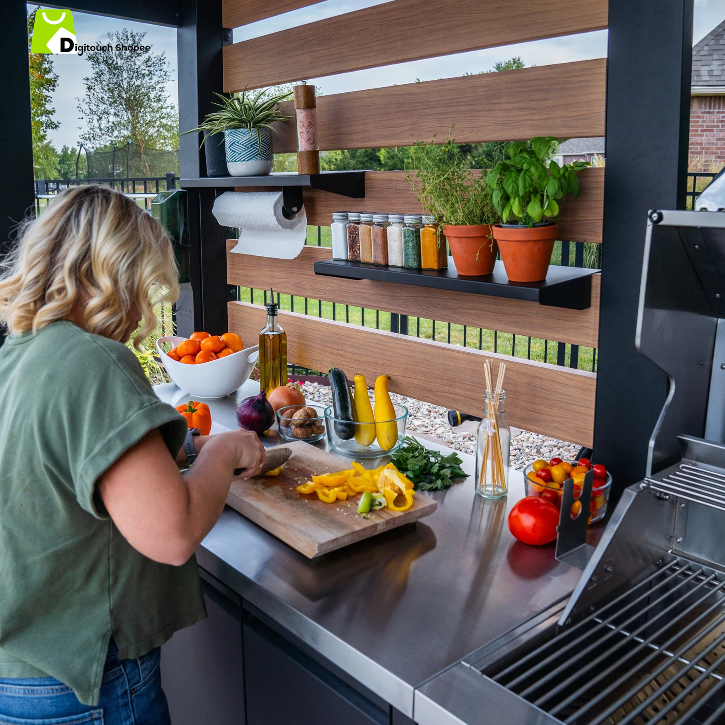Fusion Flame Galvanized Steel Covered Outdoor Kitchen, Grill, Fridge