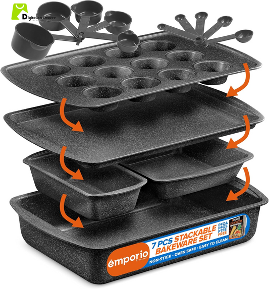 Stackable Baking Pan Set - Deluxe Nonstick White Marble Coating, Carbon Steel Bakeware Sets, PFOA, PFOS, PTFE Free, Recipe Booklet Included, Oven Safe (Up to 450°F), Set of 7