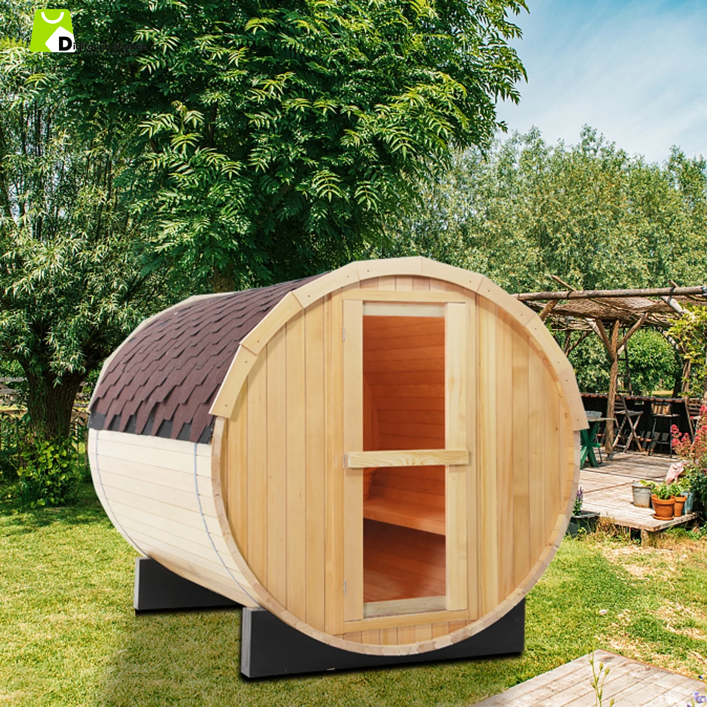 4 Person Outdoor Barrel Sauna, Canadian Hemlock Barrel Sauna Kit with Outdoor Waterproof Tile and Harvia Internally Controlled Sauna Stove and Lava Rocks