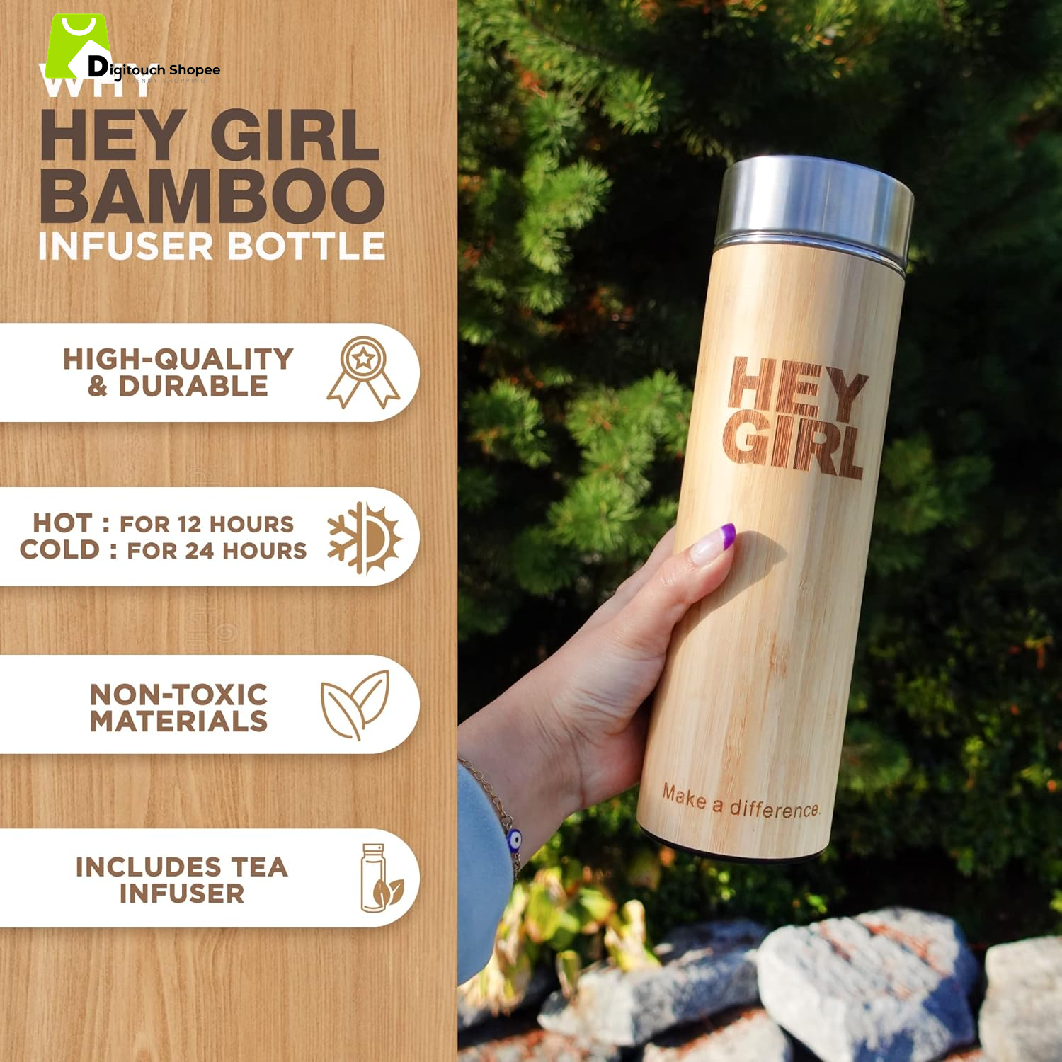 Hey Girl Bamboo Tea Infuser Bottle with Tea Strainer - Insulated Stainless Steel Water Bottle for Loose Leaf Tea & Coffee - Tea Tumbler with Diffuser - Loose Tea Bottle or Thermos Travel Mug - 18 Oz