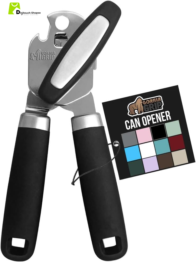 The Original  Heavy Duty Stainless Steel Smooth Edge Manual Can Opener and Bottle Openers, Soft Ergonomic Handle, Oversized Handheld Easy Turn Knob, Multifunctional Kitchen Tool, Black