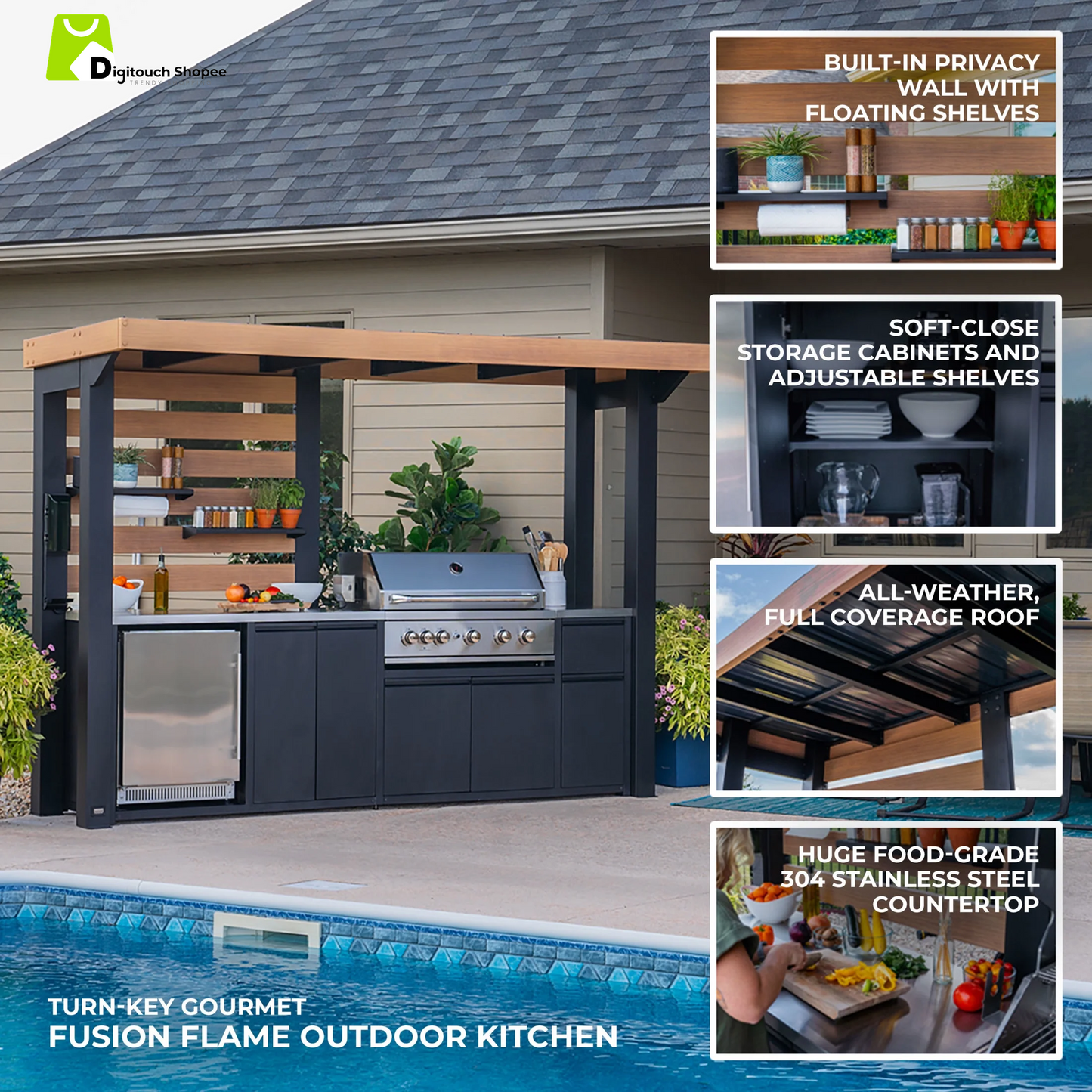 Fusion Flame Galvanized Steel Covered Outdoor Kitchen, Grill, Fridge