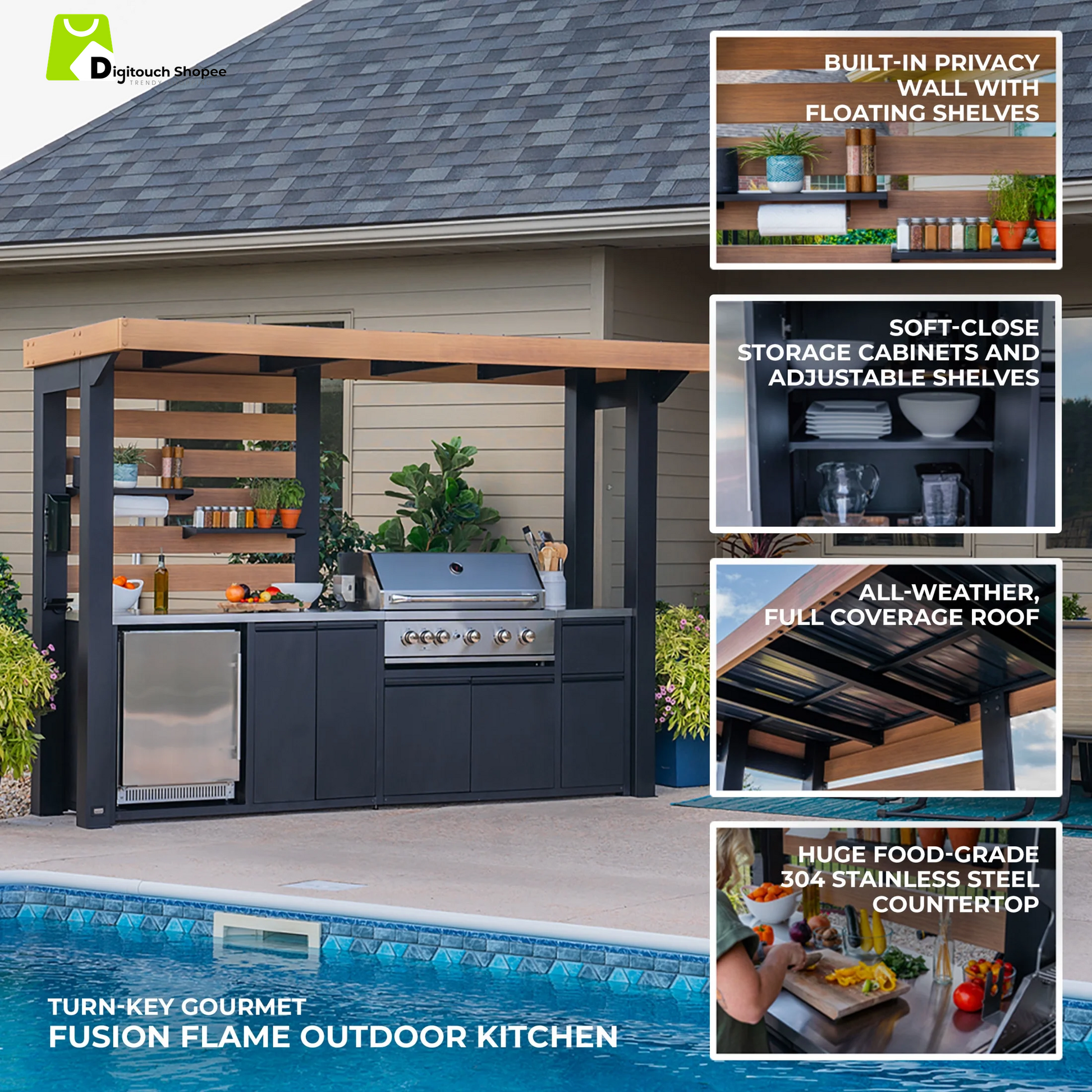 Fusion Flame Galvanized Steel Covered Outdoor Kitchen, Grill, Fridge