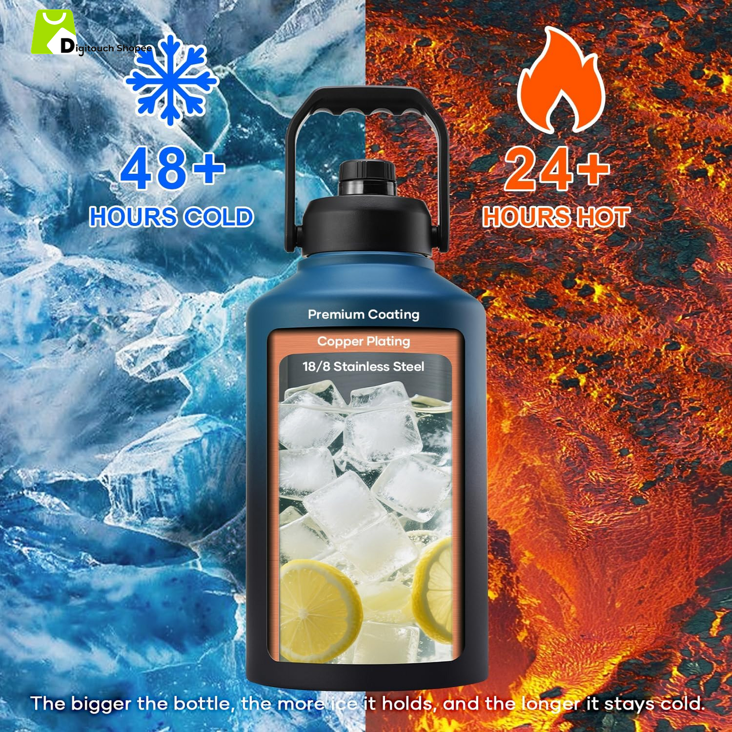 1.5 Gallon Water Bottle Insulated, (Cold for 48 Hrs) 192Oz Large Water Jug Stainless Steel, 3.58In Big Wide Mouth Leak Proof Metal Flask with Carrying Sleeve for Camping,Gym,Travel,Indigo Crush