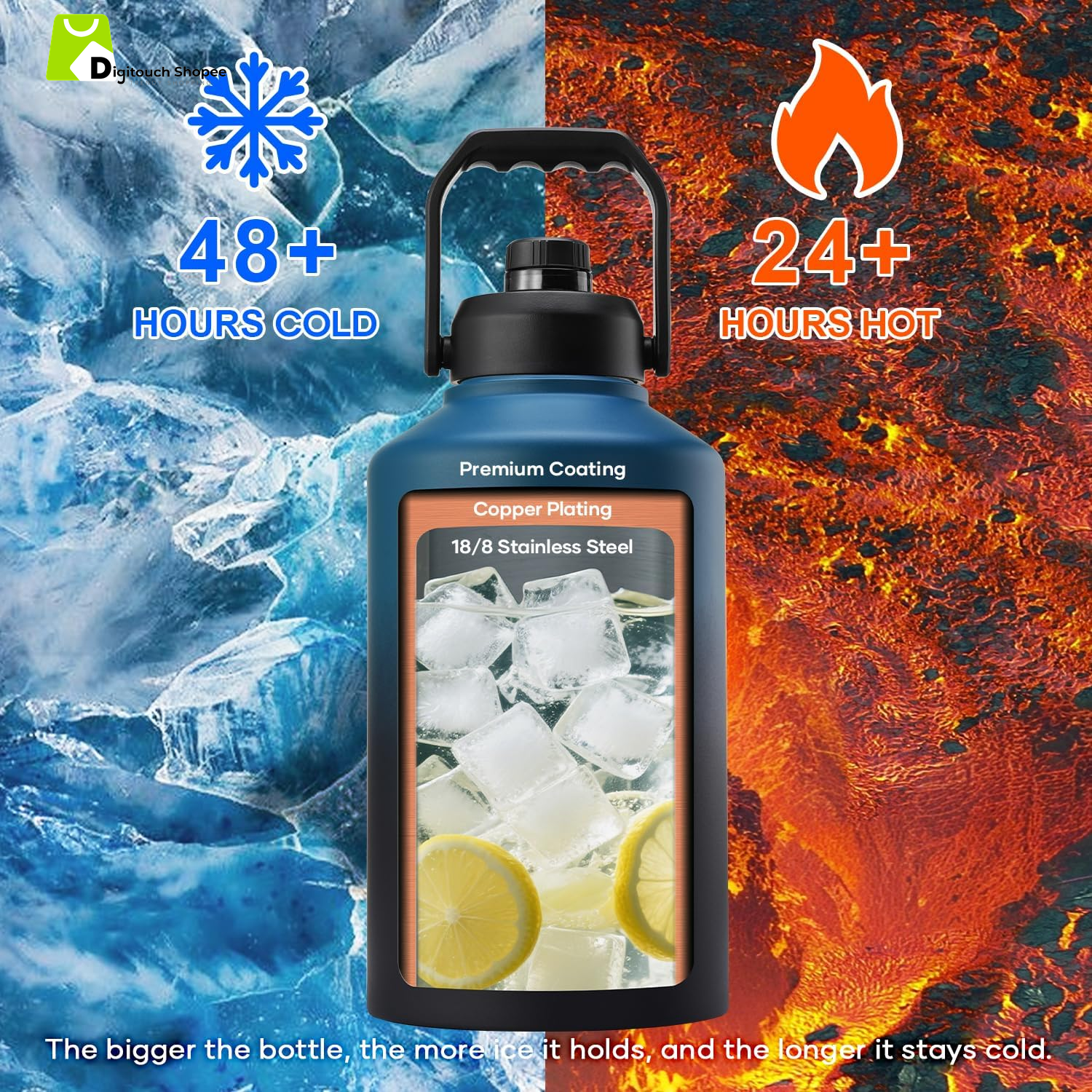 1.5 Gallon Water Bottle Insulated, (Cold for 48 Hrs) 192Oz Large Water Jug Stainless Steel, 3.58In Big Wide Mouth Leak Proof Metal Flask with Carrying Sleeve for Camping,Gym,Travel,Indigo Crush