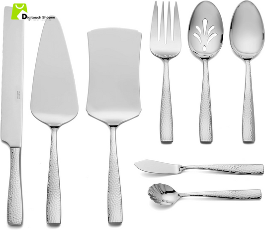 Hammered 18/10 Stainless Steel Hostess Serving Utensil Set, 8-Piece Set with Cake Knife, Cake Server and Lasagna Pie Server, Dishwasher Safe