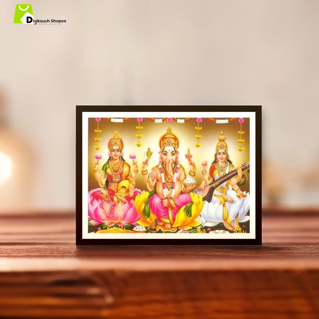 God Ganesh Lakshmi Saraswati Religious Photo Frame, 7 X 9 Inches, Wall Hang, Perfect for Keeping in Shelves