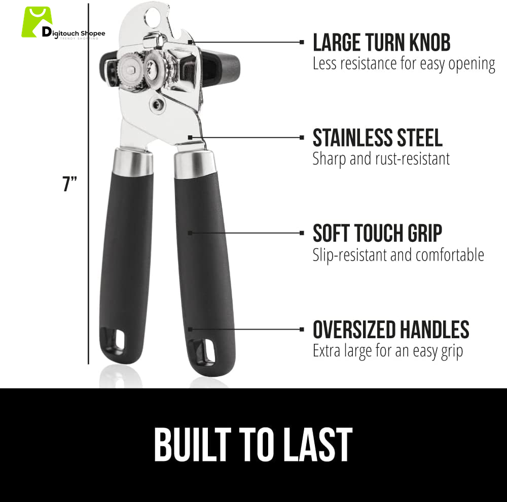 The Original  Heavy Duty Stainless Steel Smooth Edge Manual Can Opener and Bottle Openers, Soft Ergonomic Handle, Oversized Handheld Easy Turn Knob, Multifunctional Kitchen Tool, Black