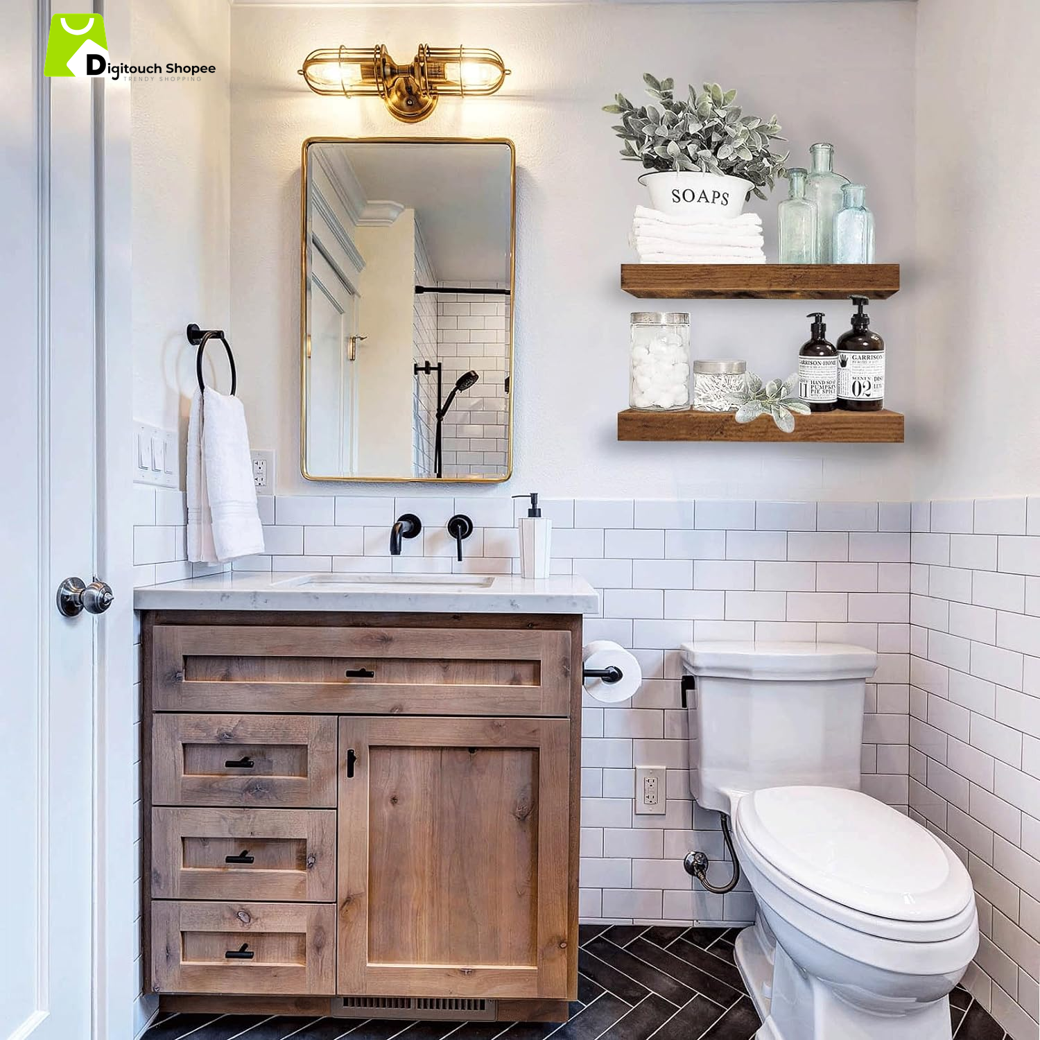 Bathroom Floating Shelves for Wall Mounted Shelf over Toilet Farmhouse Home Decor Display Shelving Small 16 Inch Set of 2, Rustic Brown (008-40BN)