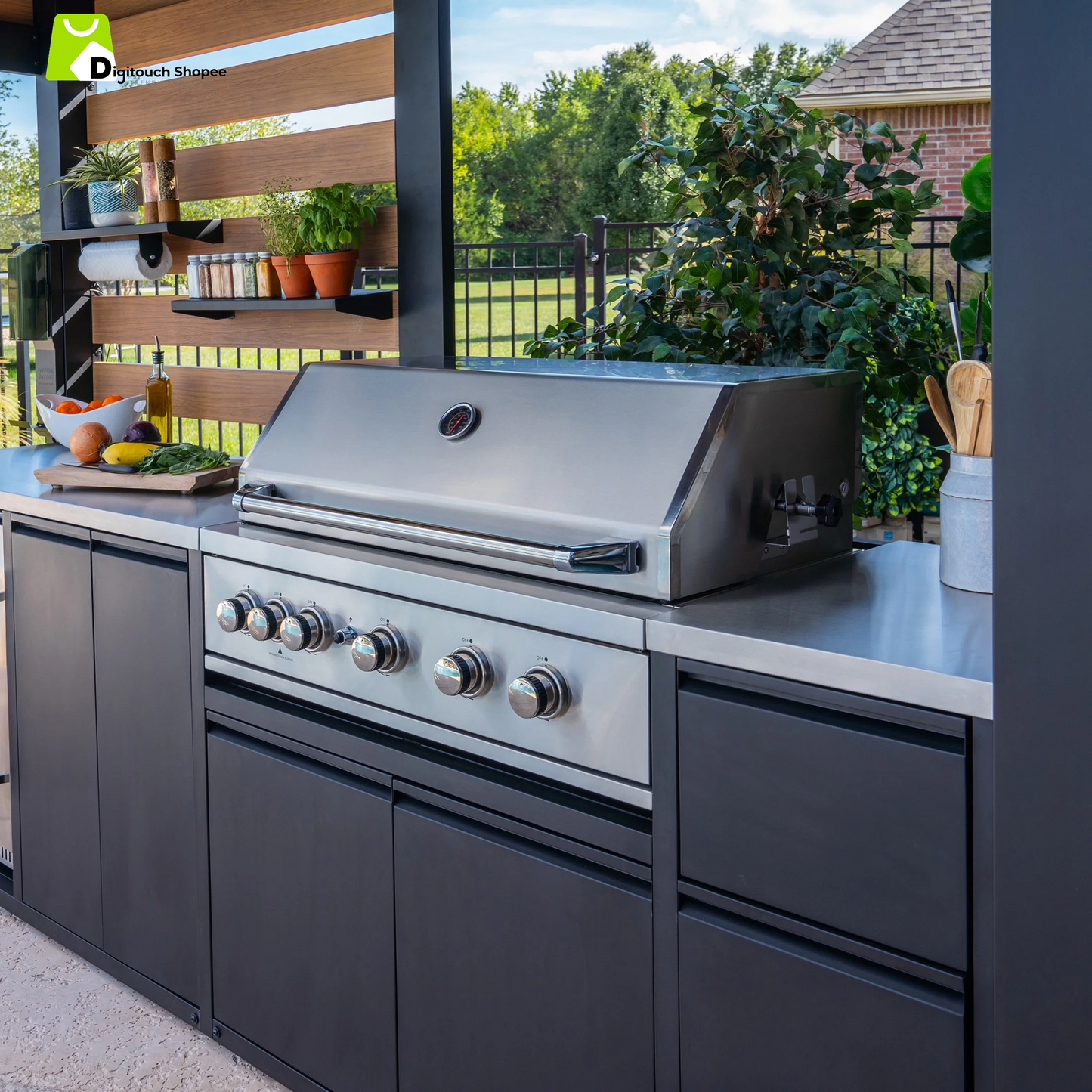 Fusion Flame Galvanized Steel Covered Outdoor Kitchen, Grill, Fridge
