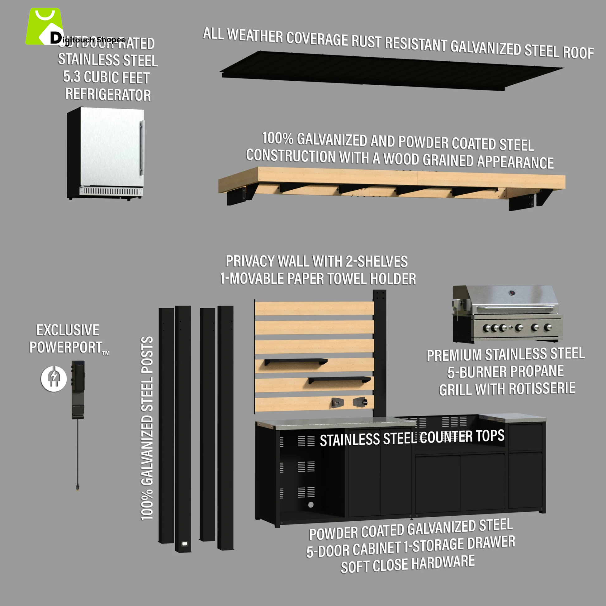 Fusion Flame Galvanized Steel Covered Outdoor Kitchen, Grill, Fridge