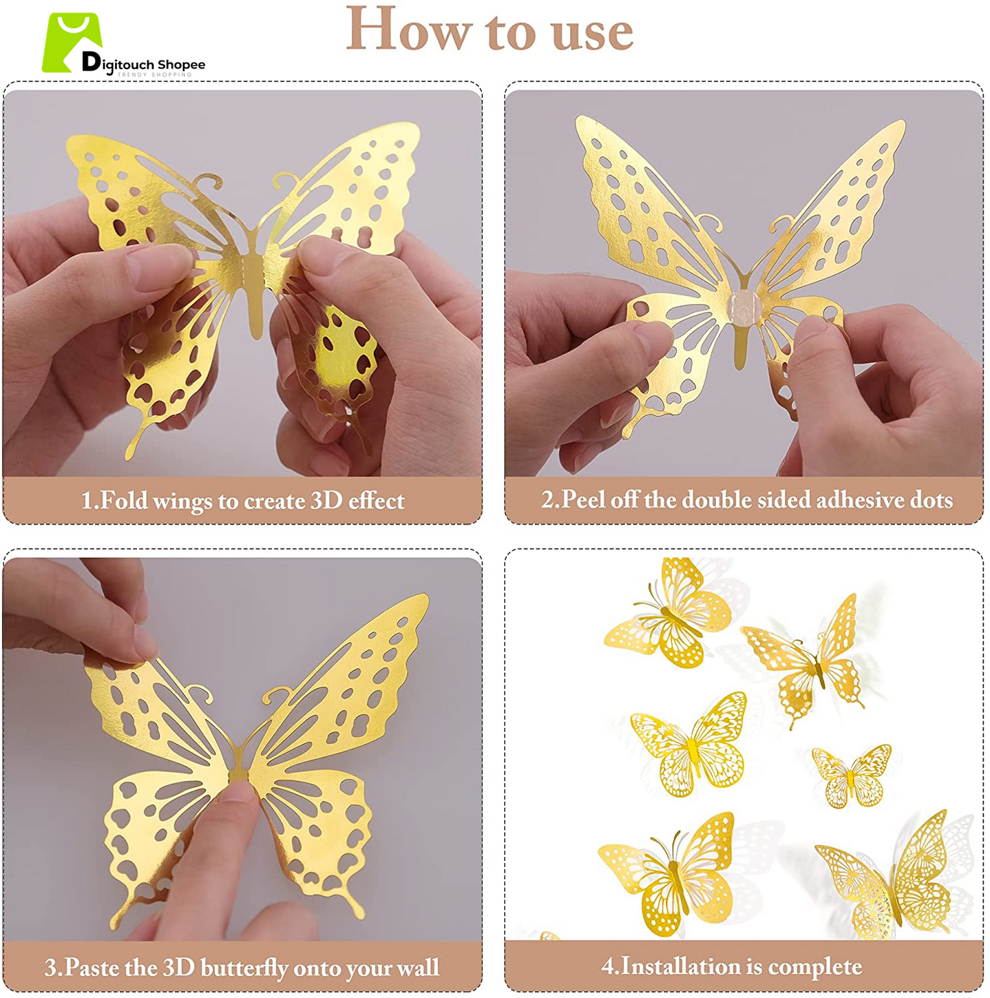 3D Butterfly Wall Decor - 48 Pcs, 4 Styles, 3 Sizes, Gold Butterfly Decorations for Birthday & Party Celebrations, Removable Stickers