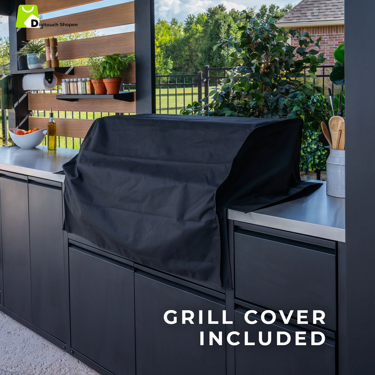 Fusion Flame Galvanized Steel Covered Outdoor Kitchen, Grill, Fridge
