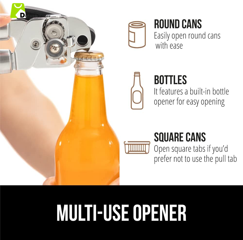 The Original  Heavy Duty Stainless Steel Smooth Edge Manual Can Opener and Bottle Openers, Soft Ergonomic Handle, Oversized Handheld Easy Turn Knob, Multifunctional Kitchen Tool, Black