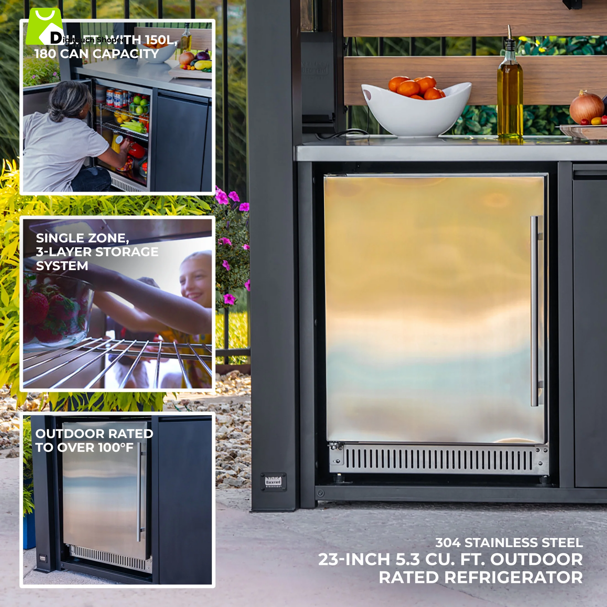 Fusion Flame Galvanized Steel Covered Outdoor Kitchen, Grill, Fridge