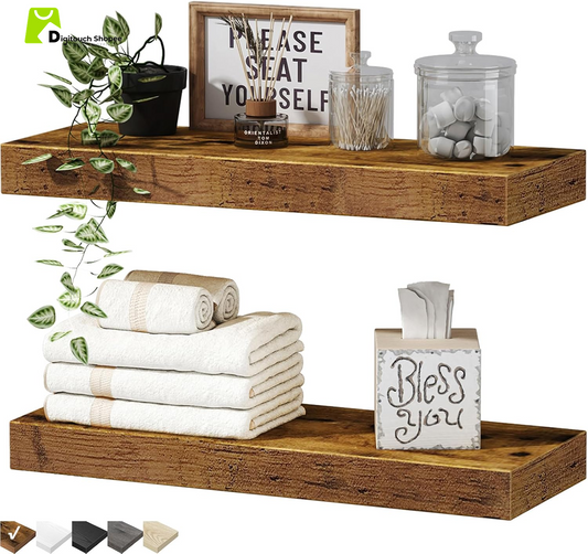 Bathroom Floating Shelves for Wall Mounted Shelf over Toilet Farmhouse Home Decor Display Shelving Small 16 Inch Set of 2, Rustic Brown (008-40BN)