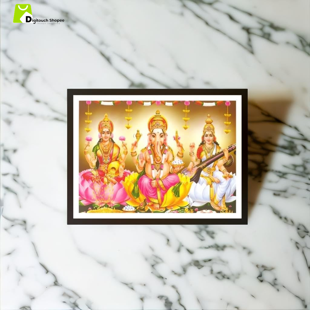 God Ganesh Lakshmi Saraswati Religious Photo Frame, 7 X 9 Inches, Wall Hang, Perfect for Keeping in Shelves
