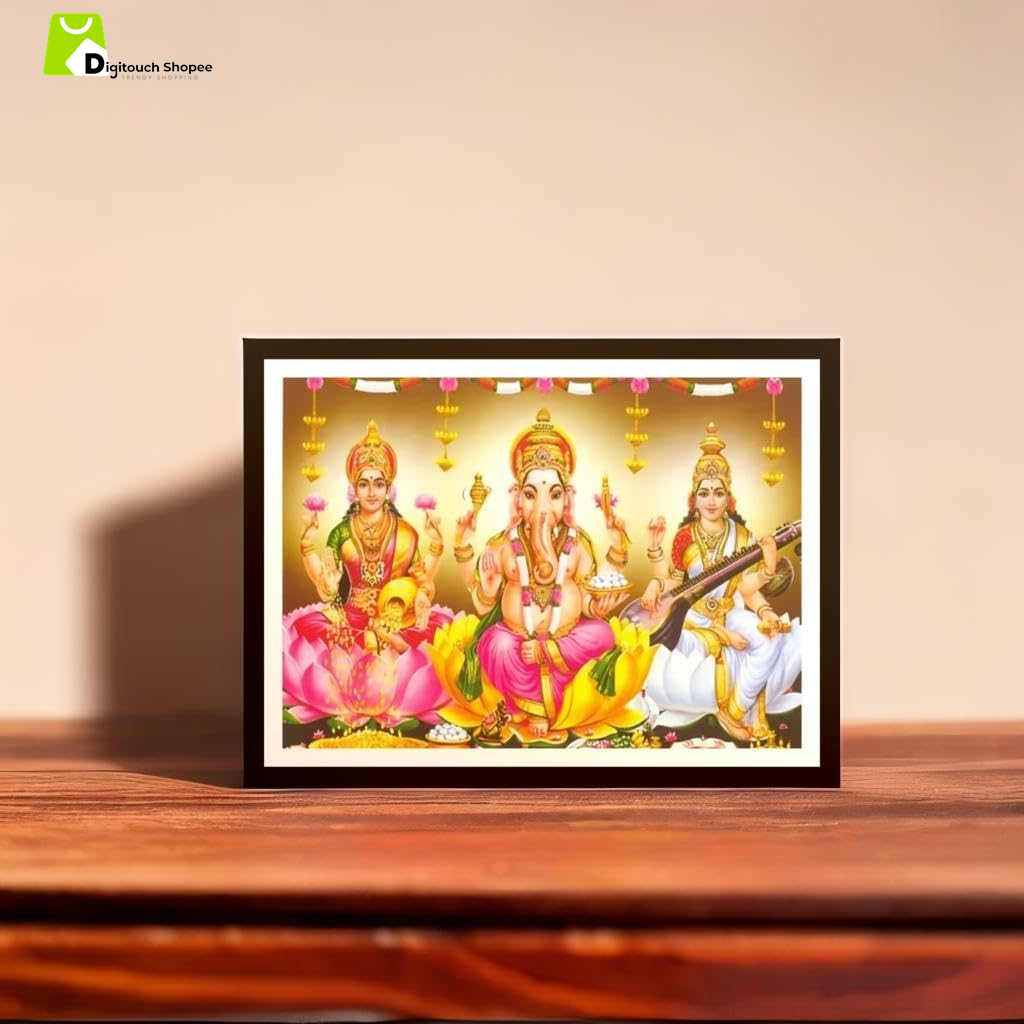 God Ganesh Lakshmi Saraswati Religious Photo Frame, 7 X 9 Inches, Wall Hang, Perfect for Keeping in Shelves