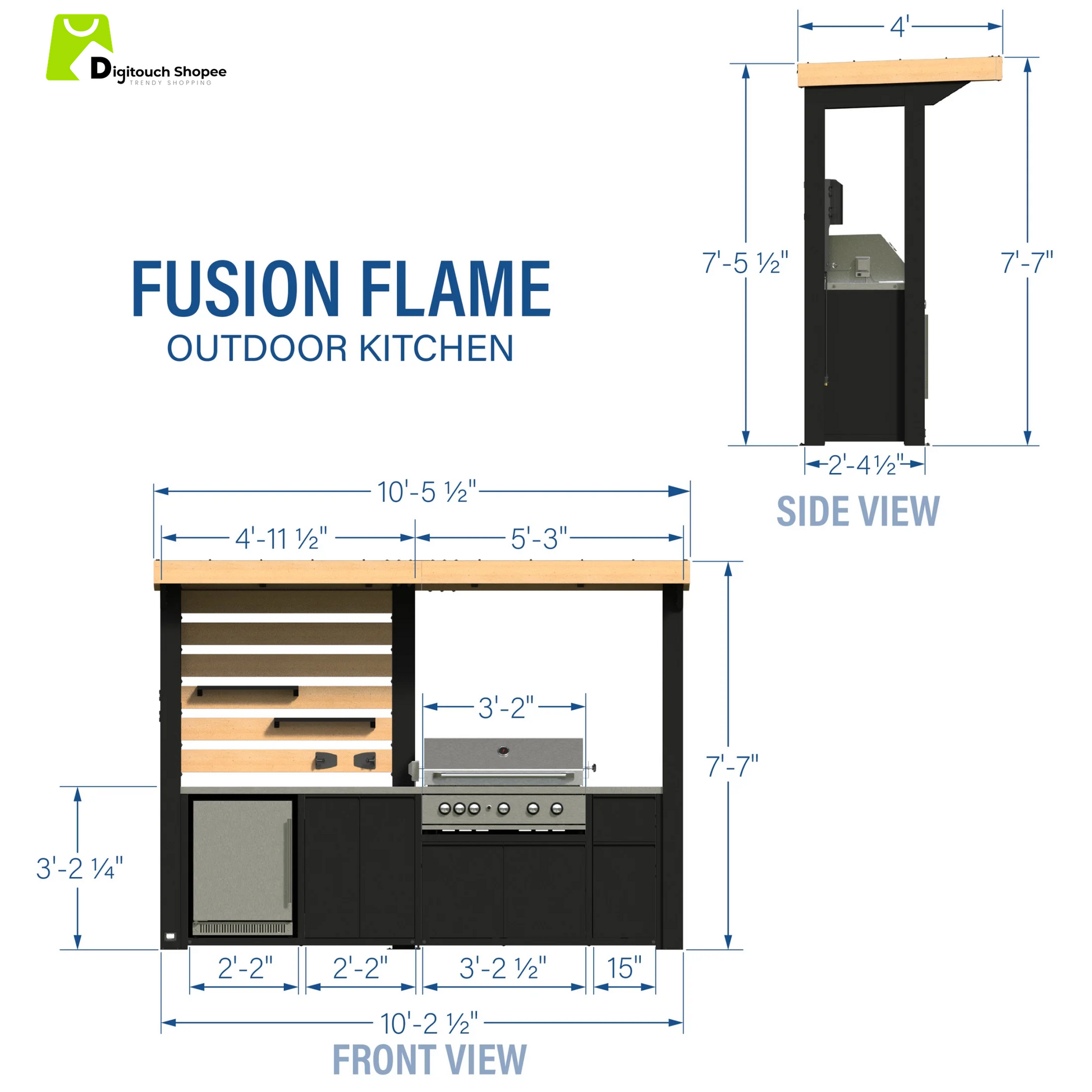 Fusion Flame Galvanized Steel Covered Outdoor Kitchen, Grill, Fridge