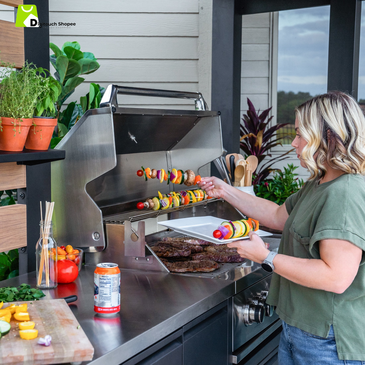 Fusion Flame Galvanized Steel Covered Outdoor Kitchen, Grill, Fridge